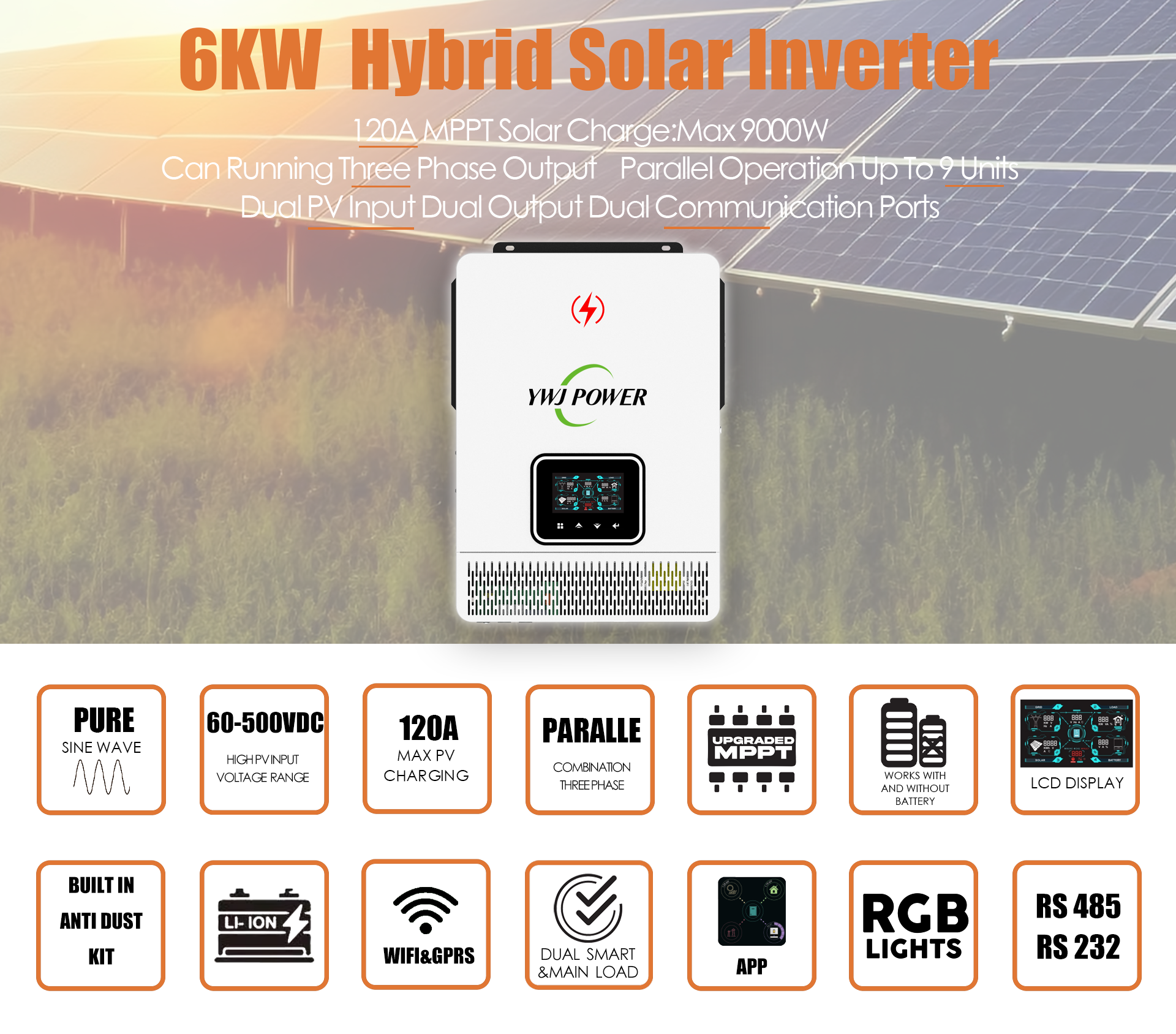 YWJ 6KW 48V Parallel Function Hybrid Solar Inverter 60-500VDC 120A PV Input Dual AC Output with BMS for Home System