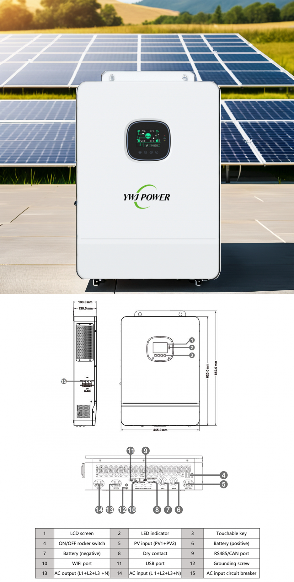 YWJ 10KW 48V Three Phase Hybrid Solar Inverter 650VDC Dual PV Input  AC Output For Solar System with MPPT